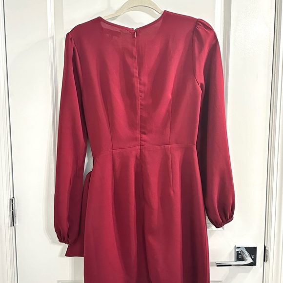 Lulu’s wine red skater dress with front tie wrap and long sleeves mid thigh - Picture 11 of 14
